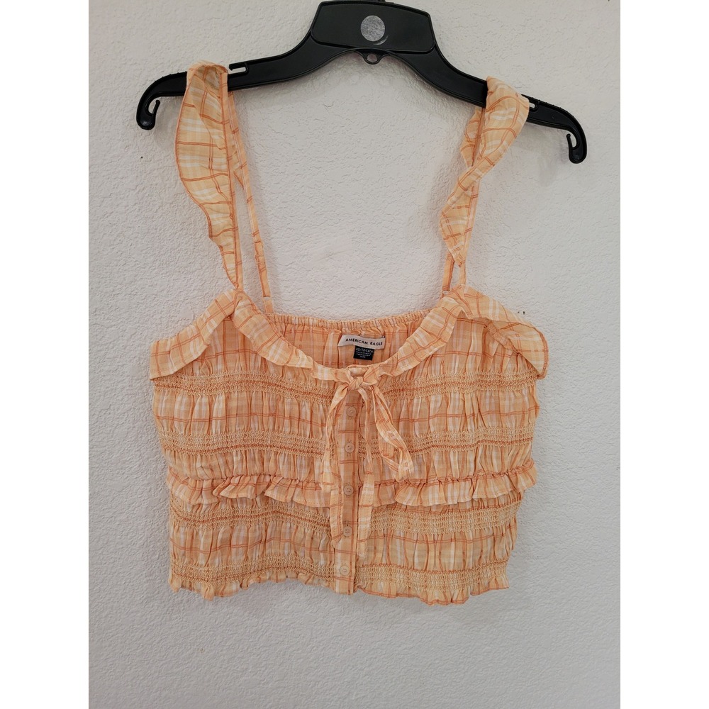 American Eagle Orange Plaid Smocked Ruffle Crop Top XS Sleeveless Button #9